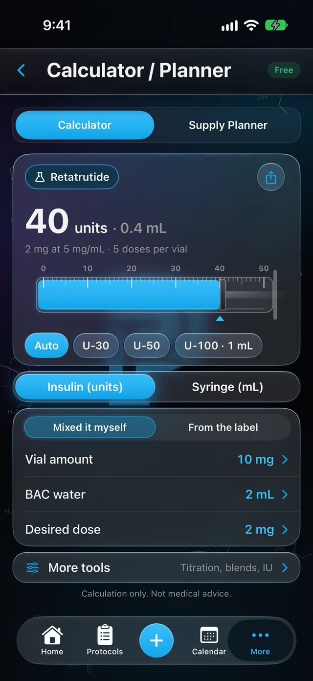 The calculator showing 40 units and 0.4 mL on a syringe scale, worked out from the vial amount, water and amount entered below