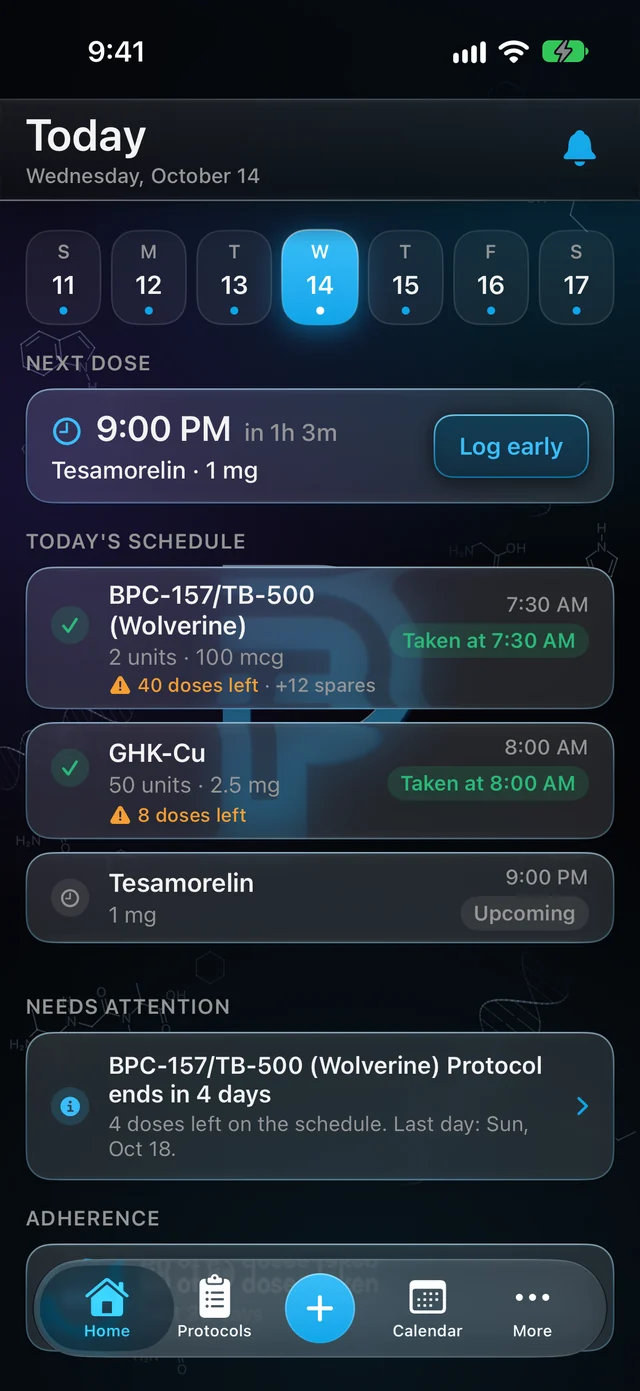 The Today screen: a week strip, the next dose at 9:00 PM with a Log early button, and today's schedule with taken and upcoming doses